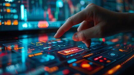 A close-up of a hand pressing the buy button on a sophisticated stock market screen, with dynamic stock charts and tickers in the background, detailed and focused hand, sharp interface,