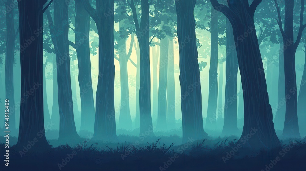 Aufkleber forest shrouded in mist, with tall trees creating a mystical atmosphere and soft light filtering thr