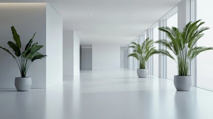 Minimalistic modern office interior with potted plants, embracing contemporary architecture