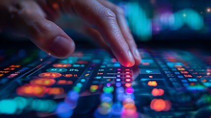 Naklejka premium A close-up of a hand pressing the buy button on a stock market interface, with various stock trends displayed in the background, detailed fingers and button, sharp focus on the interface,