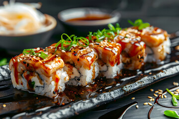 Closeup of Delicious Unagi Sushi Rolls with Sesame Seeds, Green Onions, and Soy Sauce - Food Photography