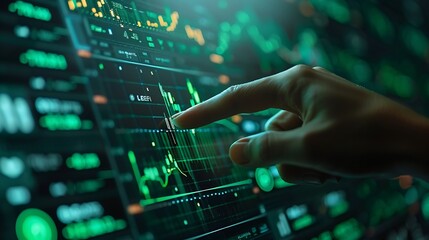 Obraz premium A close-up of a hand pressing the sell button on a futuristic stock market interface, green upward trend in the background, detailed and focused hand, sharp interface, soft blur on graphs,