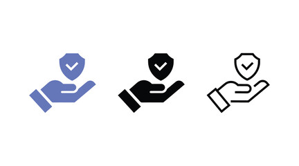 Insurance hand line and flat icon set. Shield with checkmark on hand symbol. Protection icon. Vector