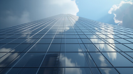 Fototapeta premium A modern skyscraper with a glass facade reflecting the sky and clouds. The view from below creates a perspective where the building seems to reach up to the sky