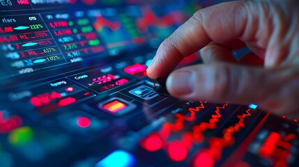 Naklejka premium A close-up of a hand pressing the sell button on a stock market screen showing red indicators, with declining stock charts in the background, detailed fingers and button, sharp focus on the interface,