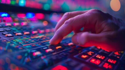 Fototapeta premium A close-up of a hand quickly pressing the sell button on a responsive stock trading screen, with dynamic stock charts and red indicators in the background, detailed fingers and button,