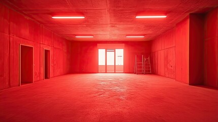 Red Room with Doors, Fluorescent Lights, and Ladders