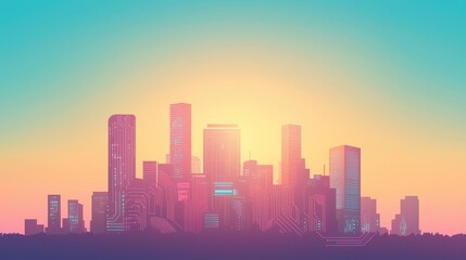 Fototapeta premium city skyline at sunset, showcasing colorful buildings against a gradient sky, ideal for urban themes and inspiration.