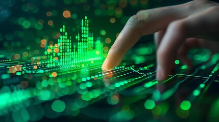 A confident hand pressing the sell button on a sleek digital stock market interface, with a green upward trend graph in the background, sharp focus on the hand and button, soft blurred background,