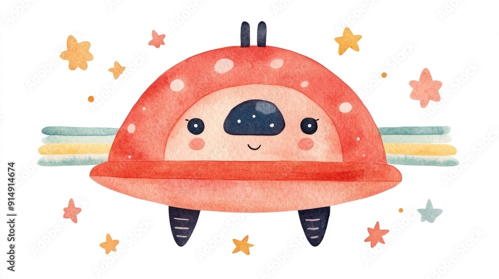 Poster whimsical watercolor of a cheerful ufo spacecraft with a colorful rainbow beam floating on a clean w