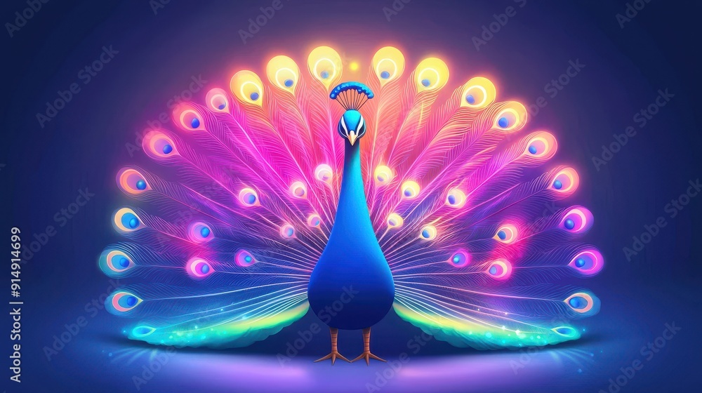 Poster peacock displaying its colorful feathers in a stunning visual spectacle against a blue backdrop.