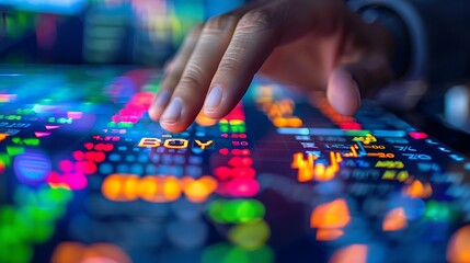 A detailed shot of a hand hovering over the buy button on a digital stock market screen, with various stock tickers in the background, sharp focus on the interface, realistic lighting,