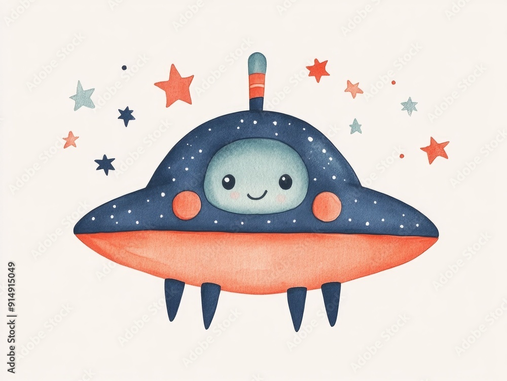Poster adorable and whimsical watercolor of a happy smiling ufo spacecraft surrounded by twinkling stars ag