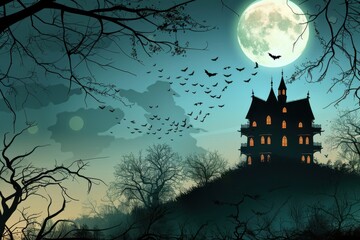 Fototapeta premium An old, spooky house on top of a hill with a full moon