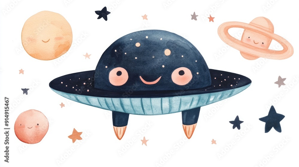 Poster whimsical watercolor of a smiling ufo spacecraft with moon and stars in the background isolated on a