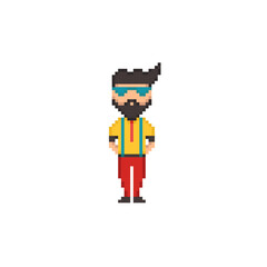 Fototapeta premium Hipster guy with sunglasses, pixel art character, asset for a video game. Isolated vector image