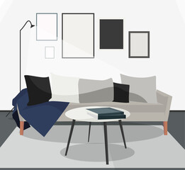 Living room Scandinavian, lounge indoor design vector illustration with minimalistic couch, carpet, furniture, lamp