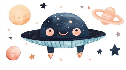 Whimsical Watercolor of a Smiling UFO Spacecraft with Moon and Stars in the Background Isolated on a White Background  Cute and Playful Clipart Design Perfect for Space Galaxy