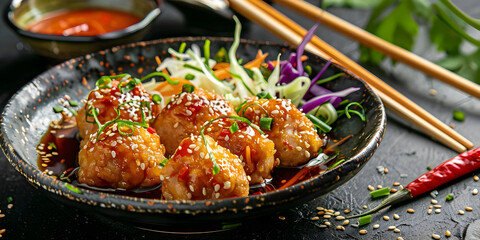 Delicious Asian Sesame Chicken Meatballs with Sweet Chili Sauce in Black Bowl - Food Photography