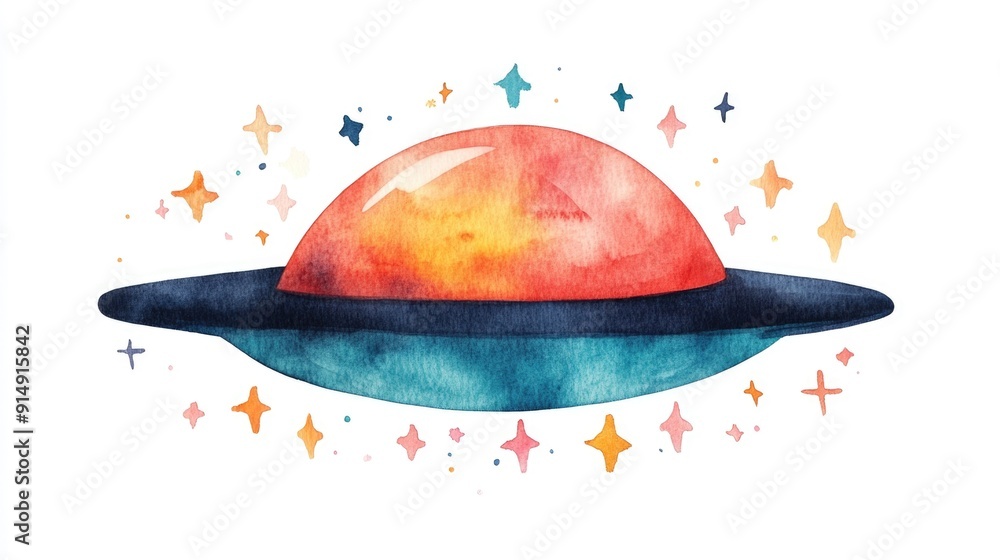Poster whimsical watercolor of a cute and happy ufo with colorful sparkles floating against a clean white b