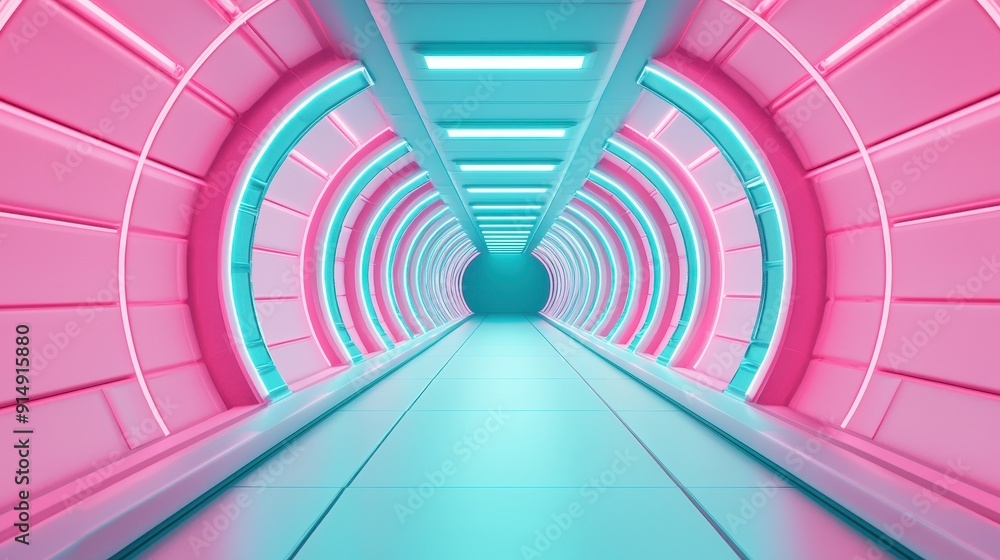 Poster futuristic tunnel with vibrant pink and blue lights, creating a surreal and enticing pathway into an