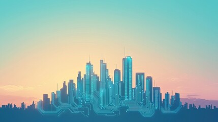 Obraz premium Futuristic city skyline illuminated by a colorful sunset, showcasing digital technology and vibrant architecture.