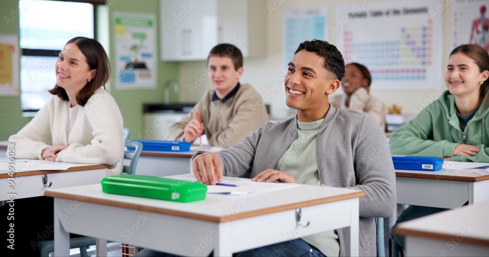 Poster education, smile and students at school for class, fun lesson and positive reinforcement. people, la