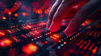 A detailed shot of a hand pressing the sell button on a highly responsive stock trading interface, with fast-moving red stock charts in the background, sharp focus on the interface,