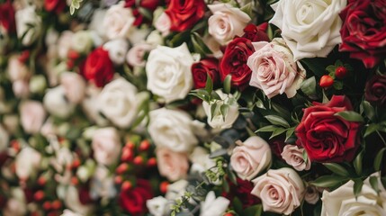 Close-up photo of stunning floral backdrop with red and white roses.