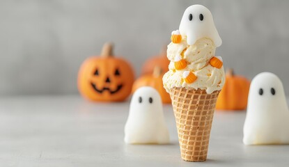 Obraz premium Ice cream cone with pumpkin flavor and ghost toppings, ice cream halloween pumpkin, spooky snack
