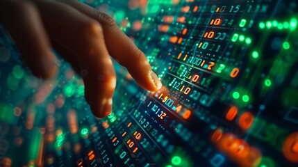 Obraz premium A hand confidently pressing the buy button on a sleek digital stock market interface, with green stock market signals showing upward trends in the background, sharp focus on the hand and button,
