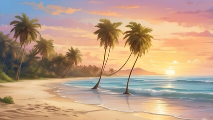 Fototapeta premium A tranquil beach at sunset, with golden sands, gently crashing waves, and palm trees swaying in the breeze