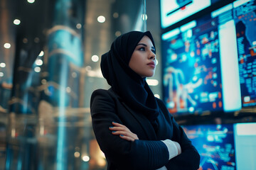 Confident Businesswoman in Hijab Standing in Front of Futuristic Digital Screens in High tech Office
