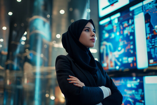 Confident Businesswoman in Hijab Standing in Front of Futuristic Digital Screens in High tech Office - Powered by Adobe