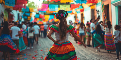 Obraz premium Colorful Street Festival with Traditional Dresses and Festive Decorations