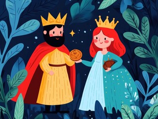 A magical flat design depicting a prince and princess discovering a hidden treasure trove filled with ancient riches and legendary artifacts during an exciting adventure through a mystical forest
