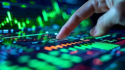 Naklejka premium A hand pressing the buy button on a sleek digital stock market interface, with green stock charts showing upward trends in the background, sharp focus on the hand and button, soft blurred background,