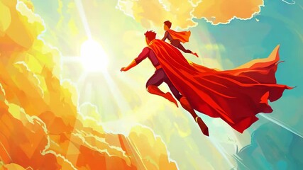Two superheroes, father and son, in red capes soar towards the sun through vivid orange and yellow clouds, symbolizing hope and courage.
