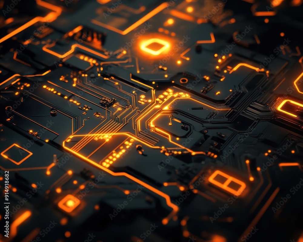 Poster close-up of a futuristic circuit board featuring glowing orange lines and intricate patterns on a da