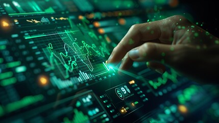 Fototapeta premium A close-up of a confident hand pressing the buy button on a futuristic stock market interface, green rising stock charts in the background, detailed and focused hand, sharp interface,
