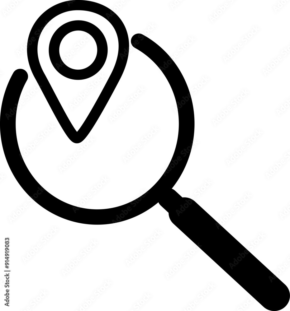 Poster search location icon. map pin with magnifier vector sign, gps tracking icon. replaceable vector desi