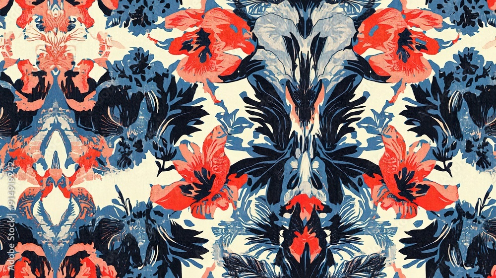 Poster Abstract Floral Pattern with Red, Blue, and Black Hues