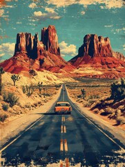 A classic travel poster for Route 66, featuring an old-fashioned car driving down a deserted highway, desert landscape, bold colors