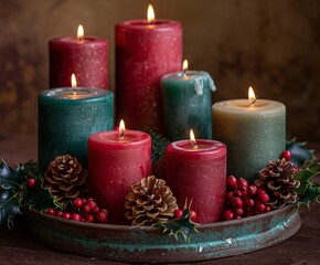 Festive Still Life of Red and Green Candles with Pine Cones