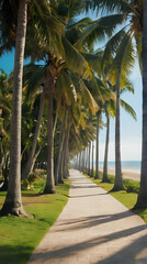 Fototapeta premium a palm trees line a path on a beach with a blue sky