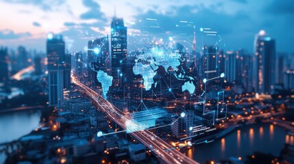 Fototapeta premium A stunning cityscape at dusk, showcasing a digital world map and technology overlay, symbolizing global connectivity and innovation.