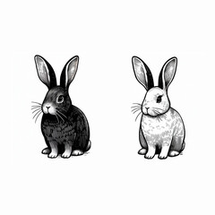 Obraz premium A rabbit drawn using simple black lines. A black rabbit and a white rabbit.