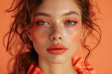 Striking Portrait of a Woman with Bold Peach Makeup