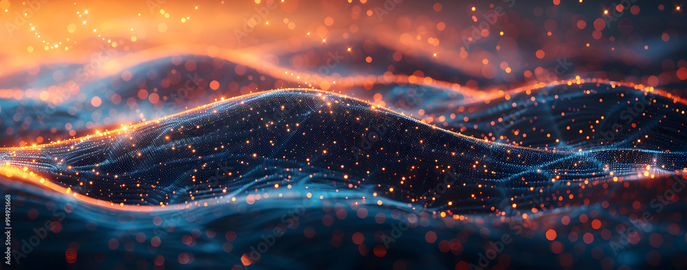 Poster abstract tech background with illuminated fiber optic connections, quantum computing network systems