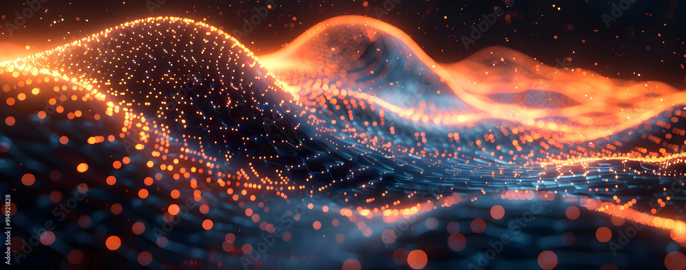 Poster abstract tech background with illuminated fiber optic connections, quantum computing network systems